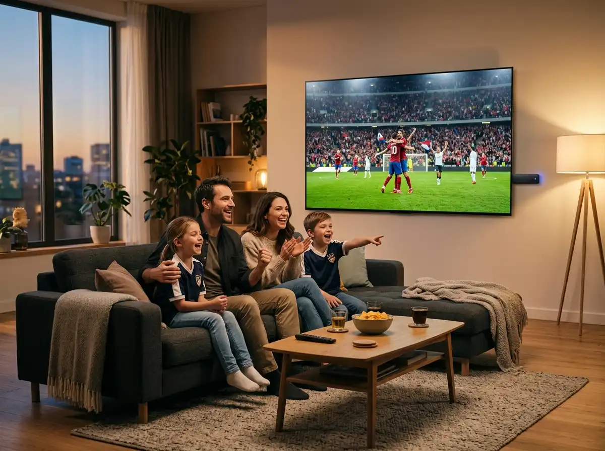 Family enjoying 4K soccer match on living room TV with EZStream