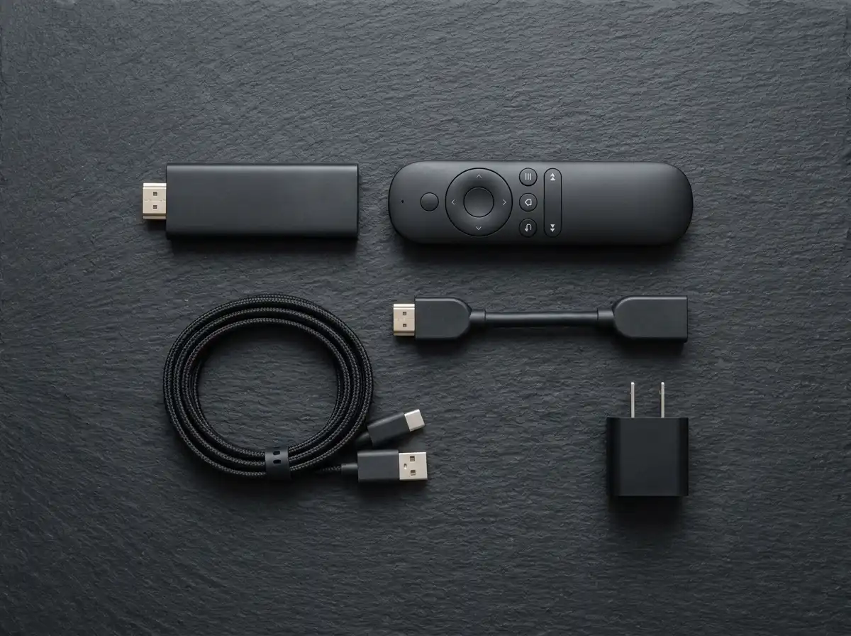 Knolling flat-lay unboxing of EZStream 4K stick, remote, cables, and power plug